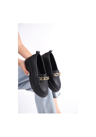Siyah Cilt Kalın Tabanlı Tokalı Loafer Makosen Ayakkabı Armytopuk Siyah