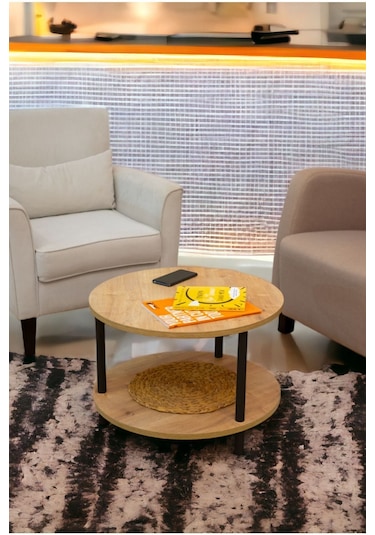 Yüksek Kalite Orta Sehpa 2 Raflı Ahşap Ayaklı Yuvarlak Gazetelikli Dekoratif Lüks Sehpa Safir Meşe