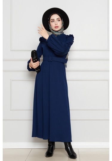 Omuzu Fırfır Kemerli Elbise-lacivert-4560 Lacivert
