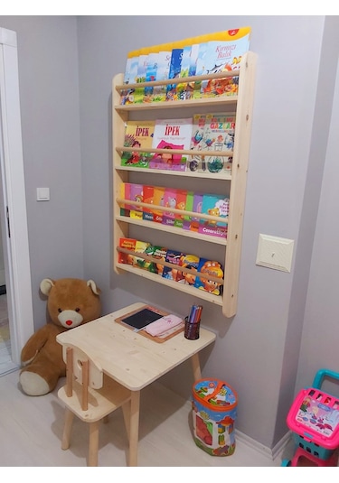 Mrtahsap 3'Lü Takım-Montessori Kitaplık-Masa-Sandalye (Masif Ahşaptan)