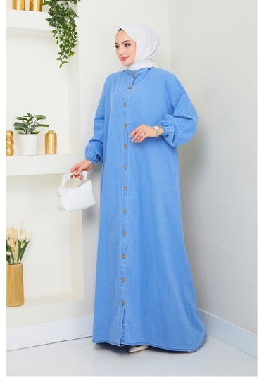 Ziyer Boydan Düğmeli Kot Elbise 1498 - Mavi Mavi