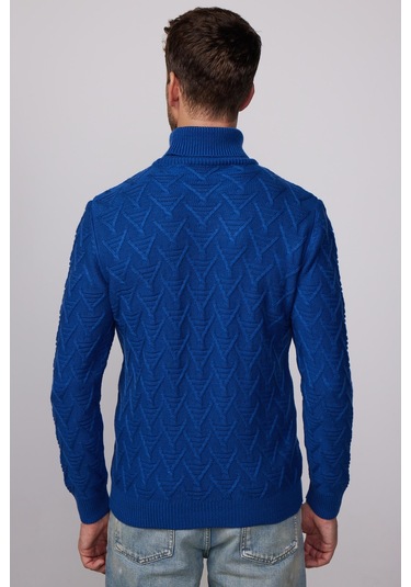 Slim Fit Dar Kesim Tam Balıkçı Yaka Desenli Lacivert Erkek Triko Kazak-28664 Lacivert