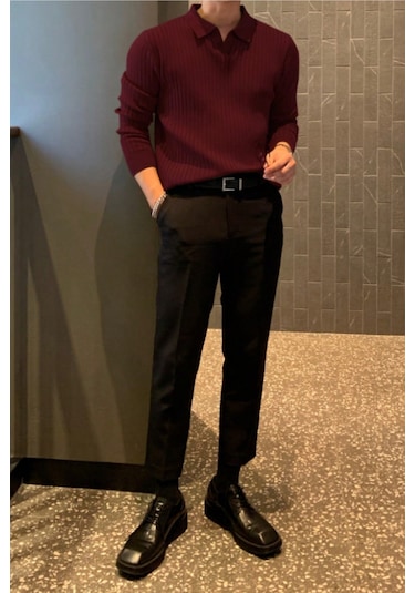 Cool Tarz Erkek Polo Yaka Triko Kazak Slim Fit Fitilli Bordo