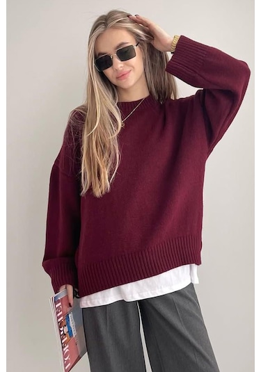 Bordo Bisiklet Yaka Oversize Triko Kazak Mg1972 Bordo