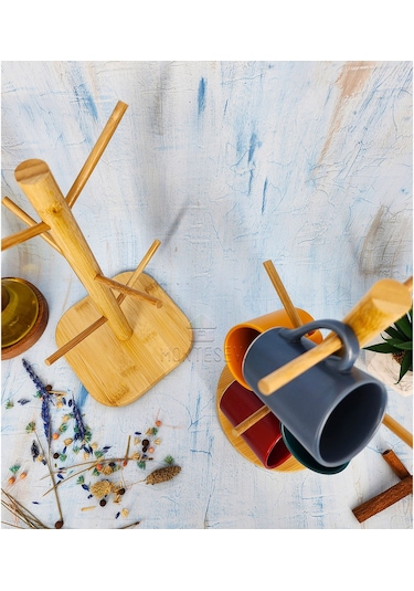 Ahşap Bambu Bardak Kupa Fincan Askılığı Askısı 6 Askılı 2 Adet