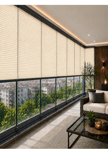 Plise Perde Krem Kumaş + Antrasit Profil Kasa Cam Balkon Perdesi