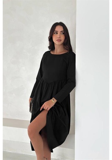 Neşeli Butik Kadın Sırt Dekolteli Uzun Kollu Midi Elbise Nbk4311 Siyah