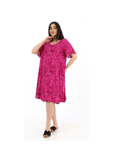 Schık Kadın Viskon Yarım Kol Kare Yaka Elbise Magenta Fuşya