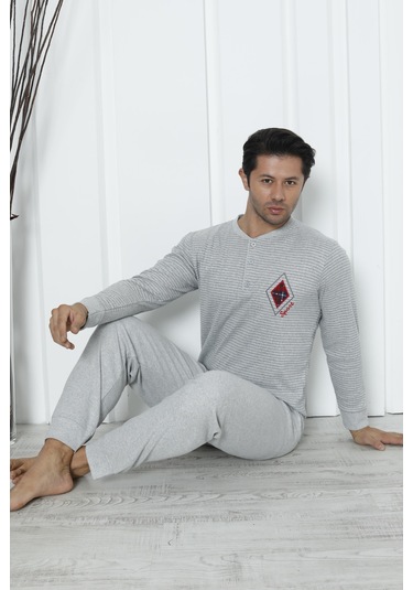 Falkom 5006 İnterlok Kalın Kışlık Çizgili Erkek Ev Pijama Takımı Gri