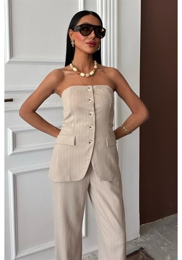 Straplez Büstiyerli Plazzo Pantolonlu Çizgili Takım 10151 Bej