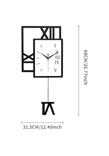 Cajuart Kare Tasarım Geometrik Roma Rakamlı Sallanan Sarkaçlı Duvar Saati Sessiz Siyah - Beyaz
