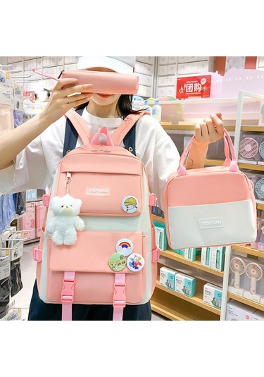 Yeiuyi Öğrenci Okul Çantası Öğle Yemeği Çantası Kalem Çantası Üç Parça Seti Pembe