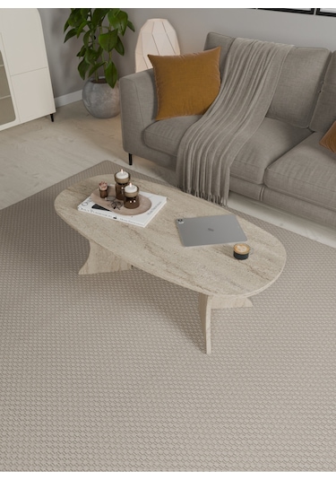 Oval Orta Sehpa Geniş Yüzeyli, Stabil Ayaklı Modern Salon Sehpası Bej