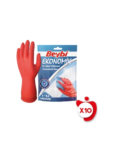 Beybi Ekonomik Ev İşleri ve Bulaşık Eldiveni 8-8,5 Beden Kırmızı 10 Paket
