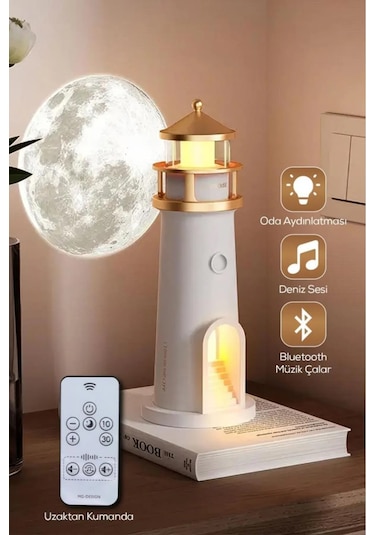 Deniz Feneri Görünümlü Bluetoothlu Hoparlör Ve Gece Lambası Hediy Beyaz