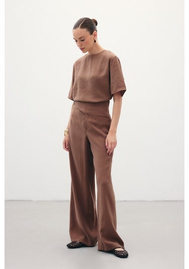 Sateen Kemer Detaylı Modal Pantolon - Kahve-136372 Kahve