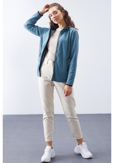 Tommy Life Mint Yeşili Dik Yaka Fermuarlı Rahat Form Kadın Polar Sweatshirt - 97173 Mint Yeşili