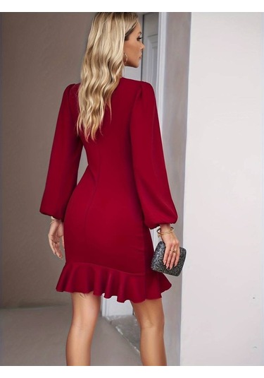Kadın Uzun Kollu Bisiklet Yaka Önden Volanlı Ithal Krep Elbise Kırmızı
