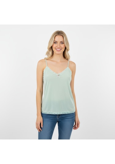Bonbon Kadın Saten Yeşil Dantelli Askılı Top Bluz Bb2311 Yeşil