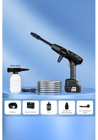 Torima D-015 Siyah Akülü Şarjlı Yüksek Basınçlı Oto Araba Bahçe Yıkama,temizleme Su Tabancası