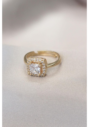 Baget Model Zirkon Taşlı Gold Altın Renk Ayarlamalı Kadın Yüzük - Altın