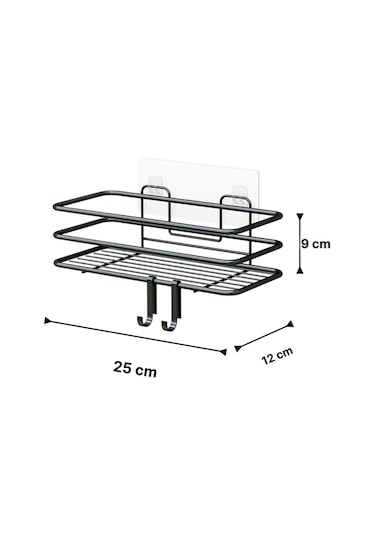 Banyo Düzenleyici Şampuanlık Sabunluk 1 Adet Lüks Metal Yapışkanlı 2 Askılı Duş Rafı Organizer Siyah