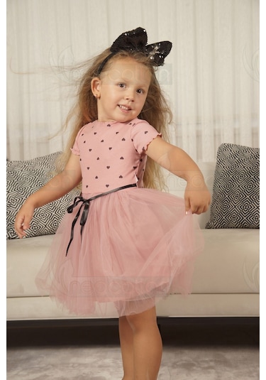 Kız Bebek-çocuk Kısa Kollu Doğum Günü Ve Özel Günler İçin Kalpli Tüllü Astarlı Elbise Kısakol-gülkurusu Gülkurusu