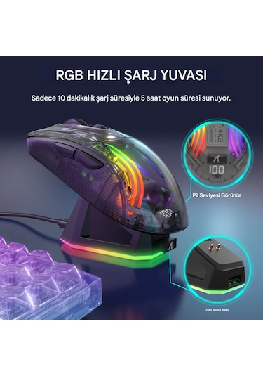 Attack Shark X2 Pro Kablosuz Şeffaf Gaming Mouse, Şarj İstasyonlu