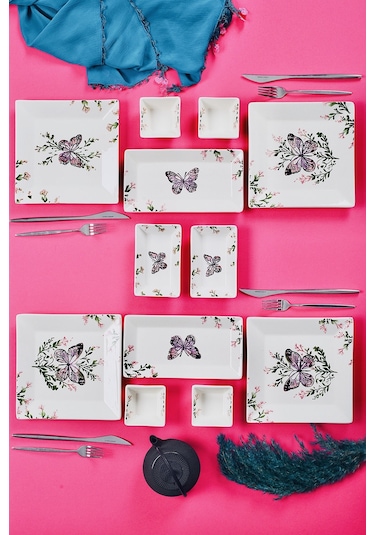 Piatti Naturali 12 Parça 4 Kişilik Kelebek Kahvaltı Takımı Handmade Sunum Set Çok Renkli