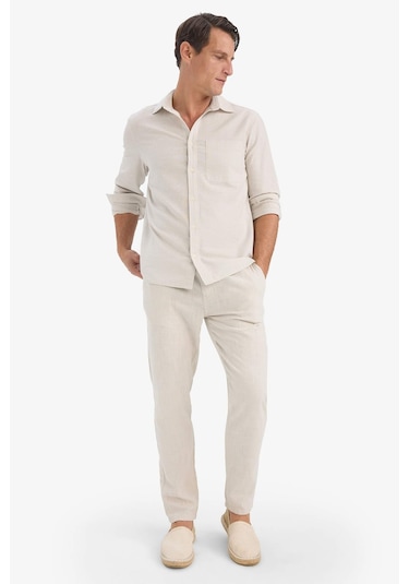 DeFacto %100 Pamuk Keten Görünümlü Pantolon Beli Lastikli Slim Fit Dar Kesim Cepli Düz Paça D2671AX25SMBG74