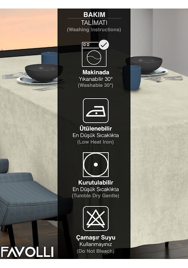 Kadife Dokulu Ekru Renk Masa Örtüsü Ekru