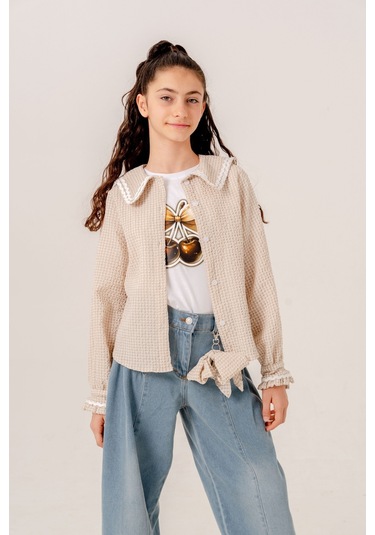 Kız Çocuk Su Taşlı Gömlek T-shirt İkili Takım 1805 Bej