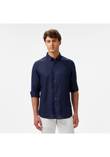 Nautica Erkek Lacivert Classic Fit Keten Gömlek Düz W55101t Lacivert