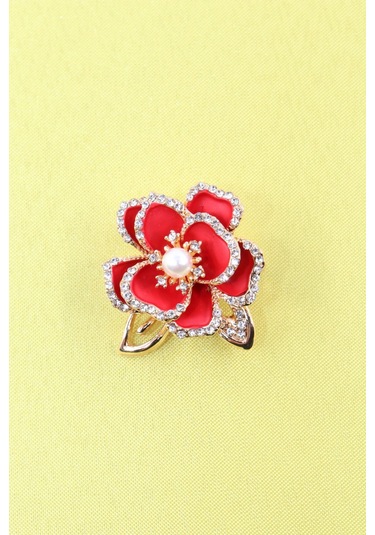 Sedef Çiçeği Broş. Yaka İğnesi Broş. Taşlı Tasarım Sedef Çiçeği Broş. Kadın Broş. Broş. Kırmızı - Altın