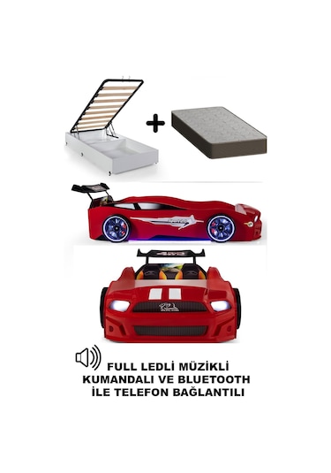 Kırmızı Arabalı Yatak Sport Mst Full Ledli Kumandalı Baza Ortopedik Yatak 90x190 Cm