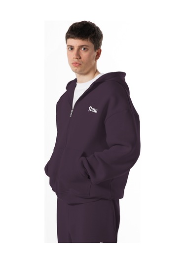 Flaw Nakışlı Zip Hoodie-28828 Mürdüm