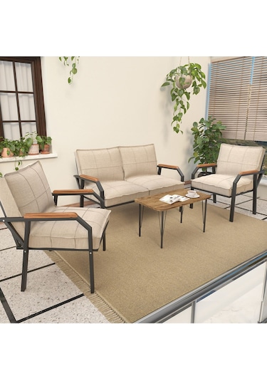 Mygusi Hayal Balkon, Bahçe, Cafe - Metal Kanepe Koltuk Takımı - 2+1+1 Sehaplı Krem