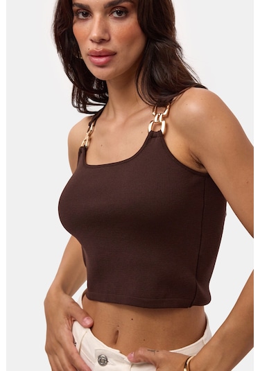 Kadın Kahve S6-81 Aksesuar Detaylı Crop Bluz