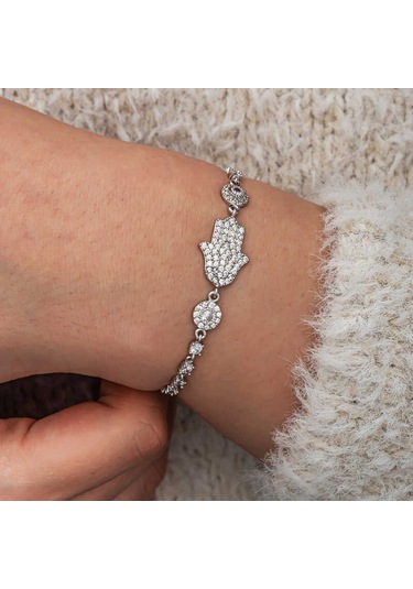 Artsmagazinmücevher Gümüş Zirkon Taşlı Fatma Ana Eli Kadın Bileklik