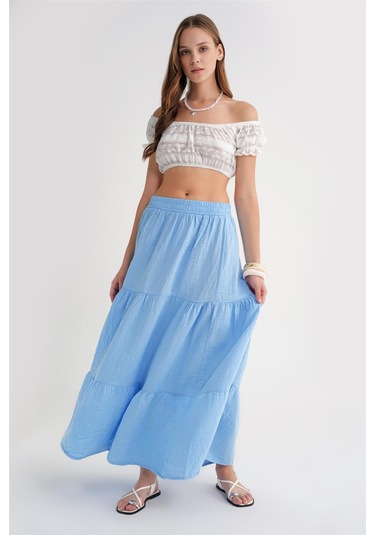 4567 Kadın Fırfırlı Uzun Müslin Etek Bebe Mavi Bebe Mavisi