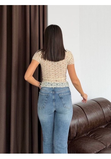 Elaxi Kadın Kayık Yaka Kısa Kollu Dantel Bluz Sarı
