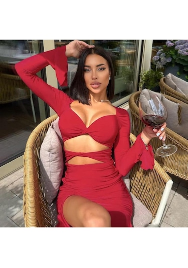 Flare Kollu Seksi Bodycon Kırmızı Mini Elbise