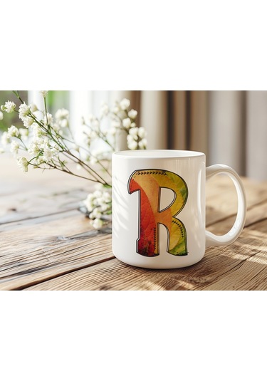 R Harf Yaprak Renkleri İle Kupa Bardak - Kişiye Özel Alfabe Harfli Bardak - Hediye Beyaz