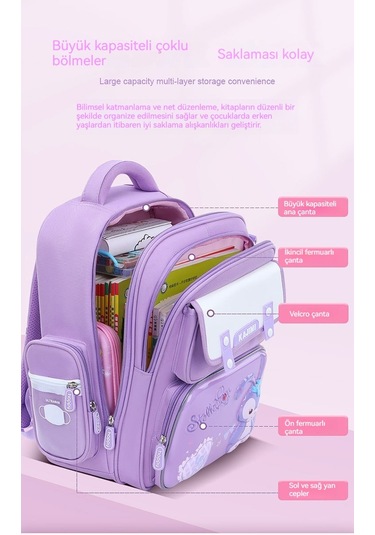 Kız Sırt Çantası, Çocuklar Için Büyük Kapasiteli Omurga Sırt Çantası Mor