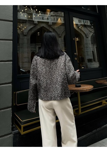 Cemo Leopar Desenli Kaşe Kısa Kaban Ceket Leopar