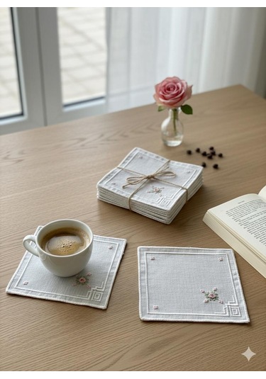 Rokoko El İşlemesi Kahve Sunumluk Peçetesi Keten 6 Parça Beyaz - Krem