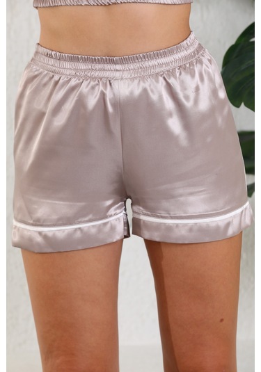 Laperissa Kadın Bej Saten Dokuma Lastik Detaylı Şık Pijama Takımı Bej