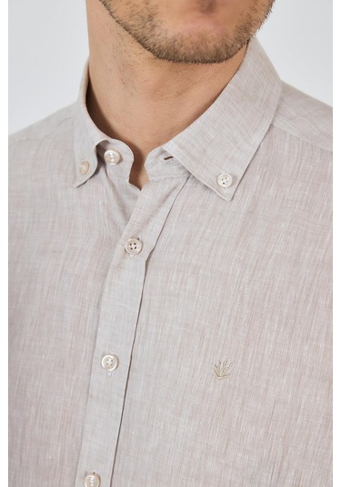 Uzun Kol Düz Keten Düğmeli Yaka Cepsiz Casual Comfort Fit Gömlek 1004250114 Açık Vizon