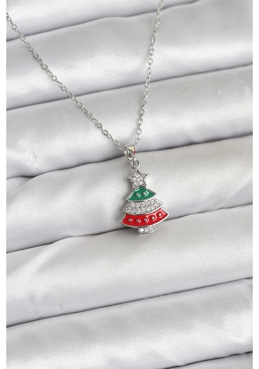 316l Çelik Zincir Gümüş Ren Çam Ağacı Model Zirkon Taşlı Yılbaşı Temalı Kadın Kolye - Tj-bko10711 Gümüş