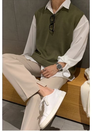 Erkek V Yaka Oversize Süveter Haki